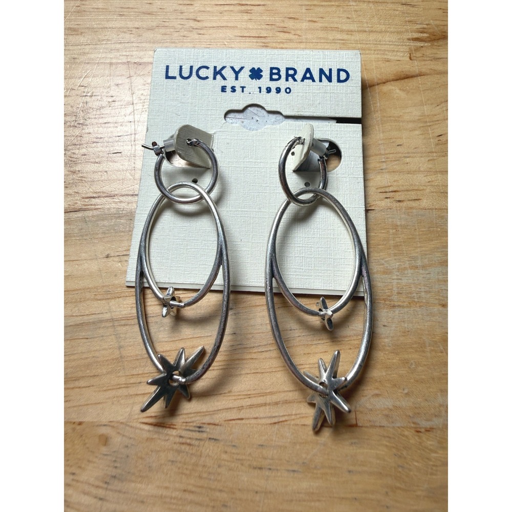 Lucky Brand Silver Tone Starburst Celestial Oval Drop Dangle Earrings Boho Retro